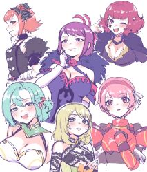 Rule 34 | 6+girls, ;d, absurdres, alternate hair length, alternate hairstyle, aqua hair, armor, bare shoulders, black dress, blonde hair, blush, breastplate, breasts, celine (fire emblem), chloe (fire emblem), cleavage, commentary, dress, facial mark, fire emblem, fire emblem engage, fur trim, hand in own hair, highres, ivy (fire emblem), lapis (fire emblem), large breasts, looking at viewer, mole, mole under mouth, multiple girls, nintendo, off-shoulder dress, off shoulder, one eye closed, open mouth, orange eyes, orange hair, panette (fire emblem), pauldrons, pink eyes, pink hair, profile, purple dress, purple eyes, purple hair, red hair, sher (imnotsher), short hair, shoulder armor, simple background, smile, star (symbol), white background, yunaka (fire emblem)