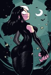 Rule 34 | 1girl, absurdres, ass, bags under eyes, bat (animal), black gloves, black hair, crescent moon, elbow gloves, fingerless gloves, from behind, gloves, highres, jaggy lines, looking at viewer, moon, multicolored hair, night, night sky, noss (rariatto), original, rariatto (ganguri), sky, solo, streaked hair, twitter username, watermark, white hair