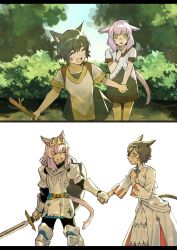 Rule 34 | 2koma, ^ ^, age progression, animal ears, armor, blue sky, bracelet, breastplate, brown hair, bush, cat ears, cat girl, cat tail, child, circlet, closed eyes, comic, commentary, day, dress, facial hair, fang, faulds, feet out of frame, final fantasy, final fantasy xiv, friends, gauntlets, grass, greaves, green eyes, hand on own chest, hand up, holding, holding hands, holding stick, holding sword, holding weapon, jewelry, leaf, long hair, looking at another, medium hair, miqo&#039;te, niboshi kom, open mouth, outdoors, paladin (final fantasy), pauldrons, pink hair, robe, role reversal, scar, scar on face, scar on hand, scared, shield, short hair, short sleeves, shoulder armor, sky, smile, standing, stick, sword, tail, tears, warrior of light (ff14), weapon, weapon on back, white mage (final fantasy), white robe