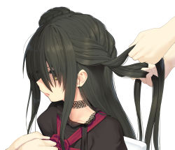Rule 34 | 1girl, 2others, adjusting hair, black hair, highres, long hair, multiple others, ohlia, puffy sleeves, shakugan no shana, shana, simple background, solo focus, white background, yellow eyes