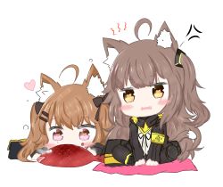 Rule 34 | 2girls, ahoge, anger vein, animal, animal ears, arm support, armband, bailingxiao jiu, black bow, black jacket, black pantyhose, blush, bow, brown eyes, brown hair, cat ears, cat girl, cat tail, commentary request, cushion, fang, fish, girls&#039; frontline, hair between eyes, hair bow, hair ornament, hairclip, head tilt, heart, highres, jacket, kemonomimi mode, long hair, long sleeves, looking at viewer, lying, multiple girls, on stomach, one side up, open clothes, open jacket, pantyhose, parted lips, purple eyes, scar, scar across eye, scar on face, shirt, siblings, sisters, sitting, tail, twins, twintails, ump45 (girls&#039; frontline), ump9 (girls&#039; frontline), very long hair, wavy mouth, white background, white shirt, zabuton