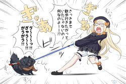 Rule 34 | 1girl, abigail williams (fate), animal, animalization, black bow, black dress, black footwear, black hat, blonde hair, bloomers, blush, bow, brown scarf, bug, butterfly, commentary request, crossed bandaids, dog, dress, emphasis lines, fate/grand order, fate (series), hair bow, hat, highres, holding, holding leash, insect, leash, long hair, long sleeves, mary janes, neon-tetora, okada izou (dog) (fate), okada izou (fate), open mouth, orange bow, parted bangs, pet walking, polka dot, polka dot bow, round teeth, scarf, sheath, shoes, signature, simple background, sleeves past fingers, sleeves past wrists, standing, standing on one leg, teeth, translation request, underwear, upper teeth only, v-shaped eyebrows, very long hair, white background, white bloomers