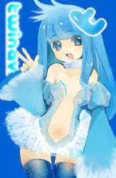 Rule 34 | 1girl, :3, bad id, bad pixiv id, blue background, blue dress, blue eyes, blue hair, blue thighhighs, blush, breasts, clothing cutout, collarbone, colored eyelashes, detached sleeves, dress, fang, hair ornament, long hair, long sleeves, looking at viewer, maroyan, medium breasts, navel, navel cutout, open mouth, personification, print thighhighs, puzzle piece print, smile, solo, standing, thighhighs, twitter, w, wide sleeves