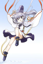 Rule 34 | 1girl, :p, arms up, falling, female focus, grey eyes, hat, long hair, mononobe no futo, phenne, ponytail, ribbon, ripples, silver hair, solo, tate eboshi, tongue, tongue out, touhou, wide sleeves