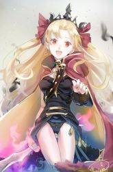 Rule 34 | 1girl, bad id, bad twitter id, blonde hair, blush, cape, earrings, ereshkigal (fate), fate/grand order, fate (series), gold trim, hair ribbon, highres, jewelry, long hair, looking at viewer, mizutame tori, nail polish, open mouth, red cape, red eyes, red ribbon, ribbon, signature, skull, solo, tiara, tohsaka rin, twintails, two side up, weapon