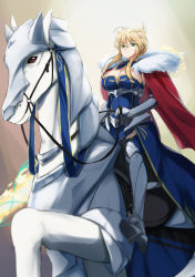 Rule 34 | 1girl, absurdres, armor, artoria pendragon (fate), artoria pendragon (lancer) (fate), blonde hair, braid, breasts, cape, cleavage, cleavage cutout, clothing cutout, crown braid, dun stallion (fate), eyebrows hidden by hair, fate/grand order, fate (series), fur trim, green eyes, highres, holding, holding polearm, holding weapon, horse, horseback riding, large breasts, polearm, red cape, revealing clothes, rhongomyniad (fate), riding, solo, spear, weapon, yoo tenchi