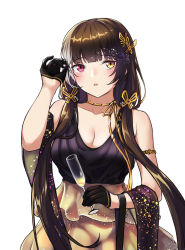 Rule 34 | 1girl, 3 small spiders, :o, absurdres, black dress, black gloves, breasts, brown hair, butterfly hair ornament, cleavage, collarbone, cup, dress, drinking glass, girls&#039; frontline, gloves, hair ornament, hand up, heterochromia, highres, holding, holding cup, jewelry, long hair, looking at viewer, low twintails, medium breasts, multicolored hair, necklace, open mouth, red eyes, ro635 (girls&#039; frontline), solo, twintails, upper body, white background, wine glass, yellow eyes