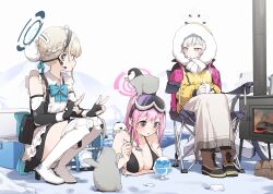 Rule 34 | 3girls, apron, aqua eyes, arm under breasts, bikini, bird, black bikini, black dress, blue archive, boots, breasts, camping chair, chest harness, cleavage, cooler, cup, double v, dress, eimi (blue archive), eimi (swimsuit) (blue archive), elbow gloves, fingerless gloves, firewood, food, gloves, goggles, goggles on head, halo, harness, highres, himari (blue archive), holding, holding cup, large breasts, looking at another, looking to the side, maid, multiple girls, outdoors, partially submerged, penguin, shaved ice, ski goggles, swimsuit, thigh boots, toki (blue archive), v, white apron, yukie (kusaka shi)