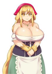 Rule 34 | 1girl, apron, bare shoulders, blonde hair, blush, breasts, cleavage, collarbone, commentary, detached sleeves, dirndl, english commentary, german clothes, head scarf, highres, huge breasts, jewelry, kikimora (monster girl encyclopedia), long hair, looking at viewer, monster girl, monster girl encyclopedia, nav (itsnav), necklace, orange eyes, plump, puffy detached sleeves, puffy sleeves, simple background, smile, solo, standing, tail, thick eyebrows, waist apron, white background