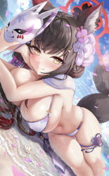 Rule 34 | 1girl, absurdres, animal ear fluff, animal ears, bikini, black hair, blue archive, blush, breasts, closed mouth, day, feet out of frame, flower, fox ears, fox mask, hair flower, hair ornament, halo, highres, large breasts, long hair, looking at viewer, lying, mask, navel, ocean, official alternate costume, on side, outdoors, petals, purple bikini, purple flower, red halo, shiranui (nisioisin sinob), smile, solo, swimsuit, wakamo (blue archive), wakamo (swimsuit) (blue archive), yellow eyes