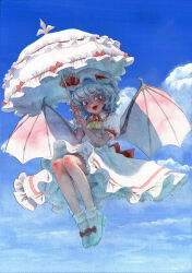 Rule 34 | 1girl, bat wings, blue hair, blue sky, cloud, cloudy sky, full body, hat, highres, holding, holding umbrella, looking at viewer, midair, misawa hiroshi, mob cap, open mouth, painting (medium), parasol, pointy ears, red eyes, remilia scarlet, shirt, skirt, sky, solo, touhou, traditional media, umbrella, vampire, watercolor (medium), white shirt, white skirt, wings