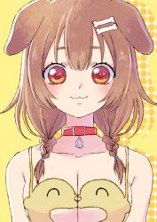 Rule 34 | 1girl, :3, animal ears, bare shoulders, bone hair ornament, braid, breasts, brown eyes, brown hair, cartoon bone, cleavage, closed mouth, collar, collarbone, commentary request, dog ears, drop shadow, eyebrows hidden by hair, hair between eyes, hair ornament, hair over shoulder, hololive, inugami korone, kurosuke (cloth ke), listener (inugami korone), long hair, looking at viewer, low twintails, medium breasts, one-piece swimsuit, red collar, solo, swimsuit, twin braids, twintails, upper body, virtual youtuber, yellow background, yellow one-piece swimsuit