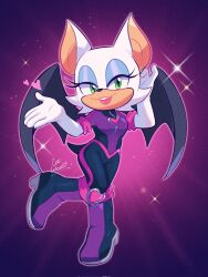 Rule 34 | 1girl, animal ears, artist name, bat ears, bat wings, boots, corrupted twitter file, full body, furry, furry female, gloves, green eyes, highres, looking at viewer, lou lubally, rouge the bat, solo, sonic (series), sonic prime, tongue, tongue out, white gloves, wings