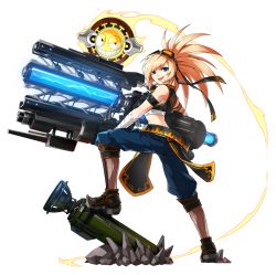 Rule 34 | 1girl, blonde hair, blue eyes, elsword, eyewear on head, full body, gun, heavy barrel (elsword), highres, holding, holding gun, holding weapon, long hair, looking at viewer, midriff, official art, open mouth, ress, rose (elsword), solo, transparent background, weapon