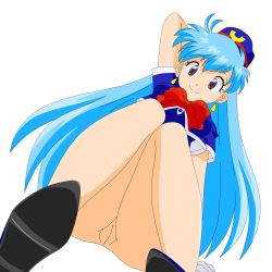 Rule 34 | 1990s (style), 1girl, absurdres, anus, ass, blue footwear, blue hair, bow, breasts, crossed legs, dress, earrings, female focus, flight attendant, gloves, hand up, hat, highres, hip focus, jewelry, legs, long hair, looking to the side, medium breasts, miniskirt, no panties, open mouth, purple eyes, red bow, retro artstyle, shoes, short dress, short sleeves, sitting, skirt, smile, solo, tenjouin katsura, thighs, third-party edit, transparent background, travel attendant, vector trace, white gloves, yat anshin uchuu ryokou