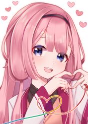 Rule 34 | 1girl, absurdres, blue eyes, blush, collared shirt, hairband, heart, heart hands, heart of string, highres, long hair, long sleeves, looking at viewer, nijisanji, open mouth, pink hair, shirt, smile, solo, suo sango, suo sango (1st costume), upper body, virtual youtuber, yokuto