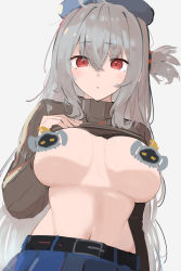 Rule 34 | 1girl, absurdres, ahoge, alternate costume, arknights, asususususu, belt, black belt, blue hat, blue skirt, brown shirt, casual, censored, censored nipples, character censor, clothes lift, coat, commentary request, dress, female focus, flower, grey hair, hand on own chest, hat, highres, long hair, long sleeves, looking at viewer, metal crab (arknights), navel, novelty censor, one side up, open clothes, open coat, red eyes, shirt, shirt lift, skadi (arknights), skirt, solo, upper body, white background, yellow flower