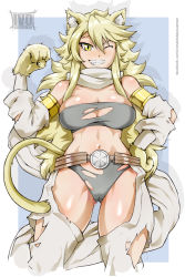 Rule 34 | 10s, ahoge, akame ga kill!, animal ears, animal hands, armlet, artist name, bandeau, bare shoulders, bayeuxman, belt, belt buckle, blonde hair, blue background, body blush, border, breasts, buckle, cameltoe, cat ears, cat paws, cat tail, chaps, claws, cleavage, cleft of venus, collarbone, commentary, cowboy shot, detached sleeves, fang, flipped hair, gloves, gluteal fold, grey panties, grin, hair over shoulder, highres, large breasts, leone (akame ga kill!), long hair, long sleeves, looking at viewer, navel, one eye closed, outside border, panties, parted bangs, paw gloves, raised eyebrow, scarf, shadow, shiny skin, sidelocks, skindentation, smile, standing, stomach, tail, teeth, thighs, toned, torn clothes, torn panties, torn sleeves, tsurime, underwear, very long hair, watermark, web address, white border, yellow eyes