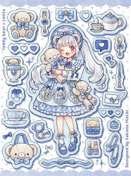 Rule 34 | 1girl, ;d, animal bag, animal ears, animal print, artist name, bag, bear ears, bear print, blue bow, blue dress, blue flower, blue footwear, blue hair, blue headwear, blue outline, blue ribbon, blue theme, blush, bonnet, bow, unworn bow, brooch, candle, candlestand, center frills, collared dress, commentary request, compact (cosmetics), cosmetics, cup, cupcake, dotted background, dress, dress bow, drill hair, english text, envelope, equipment layout, flower, food, footwear bow, fork, frilled dress, frilled socks, frills, full body, hand mirror, handbag, happy, heart, holding, holding stuffed toy, in container, in cup, jewelry, light blue hair, lipstick tube, lolita fashion, long hair, long sleeves, looking at viewer, macaron, mirror, multicolored clothes, multicolored dress, nail polish bottle, one eye closed, open mouth, original, outline, painting (medium), plaid, plaid dress, print dress, purple eyes, quill, ribbon, sakano machi, saucer, shoes, unworn shoes, sleeve cuffs, smile, socks, solo, spoken heart, sticker, stuffed animal, stuffed toy, sweet lolita, teacup, teapot, teddy bear, traditional media, twintails, two-tone headwear, watercolor (medium), wax seal, white background, white flower, white socks