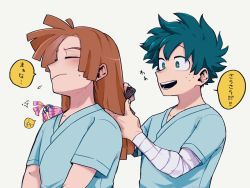 Rule 34 | &gt; &lt;, 2boys, animal, animal on shoulder, bandaged arm, bandages, bird, bird on shoulder, blush, boku no hero academia, brown hair, brushing hair, closed mouth, comb, brushing hair, commentary request, covering face, closed eyes, freckles, green eyes, green hair, hair down, hairdressing, highres, holding, holding another&#039;s hair, holding comb, hospital gown, kuwanosisyamo, long hair, looking at another, male focus, midoriya izuku, multiple boys, open mouth, pino (boku no hero academia), rody soul, short hair, short sleeves, simple background, smile, speech bubble, teeth, translation request, white background