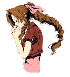 Rule 34 | 1990s (style), 1girl, aerith gainsborough, brown hair, closed eyes, female focus, final fantasy, final fantasy vii, firop, jacket, long hair, pink ribbon, ponytail, praying, retro artstyle, ribbon, simple background, solo, white background