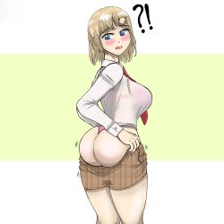 ! 1girl ? ass blonde_hair blue_eyes blush breasts clothes_pull easyacrobat hair_ornament highres hololive hololive_english huge_ass inconvenient_ass large_breasts looking_back motion_lines necktie panties pink_panties red_necktie shirt short_hair skirt skirt_pull solo standing thighs underwear virtual_youtuber watson_amelia white_shirt