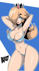 Rule 34 | 1girl, armpits, arms behind head, artist logo, artist name, bad id, bad tumblr id, bare arms, bigdead, bikini, blonde hair, blue bikini, blue collar, blue eyes, breasts, cleavage, collar, collarbone, contrapposto, cowboy shot, crown, earrings, eyelashes, groin, hair over one eye, highleg, highleg bikini, highres, jewelry, large breasts, lips, long hair, looking at viewer, mario (series), navel, nintendo, outline, parted lips, pink lips, rosalina, shiny skin, smile, solo, star (symbol), star earrings, strap gap, super mario galaxy, swimsuit, thick eyebrows, white outline