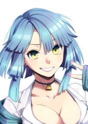 Rule 34 | bell, blue hair, breasts, character request, choker, cleavage, collarbone, copyright request, cowbell, earrings, green eyes, grin, highres, jewelry, large breasts, looking at viewer, medium hair, nail polish, off shoulder, pink nails, puyo (puyotopia), shirt, simple background, sleeves past wrists, smile, v, white background, white shirt