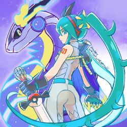 Rule 34 | 1girl, aqua eyes, aqua hair, ariga hitoshi, commentary request, creatures (company), dragon miku (project voltage), from behind, game freak, gloves, hatsune miku, highres, holding, holding sword, holding weapon, looking at viewer, looking back, miraidon, nintendo, pokemon, pokemon (creature), project voltage, side cape, signature, sword, twintails, vocaloid, weapon