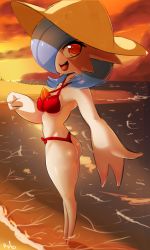 Rule 34 | 1girl, absurdres, ass, beach, between breasts, bikini, blue hair, blush, breasts, colored skin, creatures (company), fir3born, full body, game freak, gardevoir, gen 3 pokemon, hair over one eye, hat, highres, looking at viewer, nintendo, ocean, open mouth, orange eyes, orange sky, outstretched arm, pokemon, pokemon (creature), pov, reaching, reaching towards viewer, red bikini, sky, smile, solo, standing, sunset, swimsuit, white skin