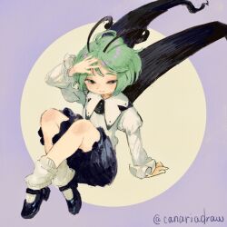Rule 34 | 1girl, antennae, arm support, black cape, black shorts, buttons, canariadraw, cape, closed mouth, green eyes, green hair, highres, juliet sleeves, long sleeves, mary janes, puffy sleeves, shirt, shoes, short hair, shorts, smile, socks, solo, touhou, twitter username, white shirt, white socks, wriggle nightbug