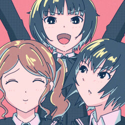 Rule 34 | 3girls, :&lt;, :d, \o/, amagami, arms up, black bow, black bowtie, black hair, black jacket, blazer, blush, bow, bowtie, bright pupils, brown hair, c:, close-up, closed eyes, closed mouth, collared shirt, commentary, dress shirt, film grain, hair bow, halftone, halftone texture, highres, jacket, kibito high school uniform, long hair, looking at another, looking at viewer, multiple girls, nakata sae, nanasaki ai, nervous, open mouth, oshizu, outstretched arms, pink background, portrait, raised eyebrows, school uniform, shirt, short hair, smile, swept bangs, tachibana miya, twintails, wavy hair, white pupils, white shirt