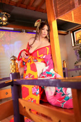 Rule 34 | breasts, chouzuki maryou, cosplay, dress, hair ornament, japanese clothes, kimono, large breasts, photo (medium), plump, print dress, shiranui mai, shiranui mai (cosplay), snk, the king of fighters