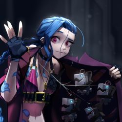 Rule 34 | 1girl, absurdres, arm tattoo, blue hair, bra, braid, coat, explosive, gloves, grenade, highres, jinx (league of legends), league of legends, long hair, nail polish, pink eyes, single thighhigh, solo, stomach tattoo, string, striped bra, striped clothes, suicide bomb, tattoo, thighhighs, twin braids, underwear, very long hair