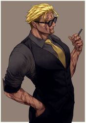 Rule 34 | 1boy, alternate costume, beowulf (fate), black pants, black vest, blonde hair, cigarette, cowboy shot, fate/grand order, fate (series), formal, hair slicked back, hand in pocket, highres, looking to the side, male focus, muscular, necktie, pants, parted bangs, pectorals, red eyes, renga2250, scar, short hair, solo, sunglasses, toned, toned male, vest