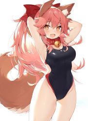 Rule 34 | 1girl, :d, animal ear fluff, animal ears, armpits, arms behind head, arms up, bell, black one-piece swimsuit, blush, breasts, cleavage, collar, commentary request, competition swimsuit, cowboy shot, fate/grand order, fate (series), fox ears, fox girl, fox tail, groin, highres, jingle bell, long hair, medium breasts, muryotaro, one-piece swimsuit, open mouth, orange eyes, pink hair, ponytail, sidelocks, simple background, smile, solo, swimsuit, tail, tamamo (fate), tamamo cat (fate), thighs, white background