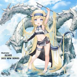 Rule 34 | 1girl, absurdres, adapted costume, aged down, arknights, arm up, armpits, bandeau, bare shoulders, belt, black gloves, blonde hair, blue eyes, blue hairband, blue sky, braid, breasts, chinese commentary, cloud, commentary request, day, dragon horns, dragon tail, elbow gloves, flag, full body, gloves, grey belt, hairband, highres, holding, holding flag, horns, hydra, kuroshiroemaki, long hair, looking at viewer, midriff, navel, open mouth, outdoors, pointy ears, pouch, saileach (arknights), single glove, single thighhigh, sky, small breasts, solo, standing, stomach, tail, thigh strap, thighhighs, thighs, toeless legwear, twin braids, very long hair