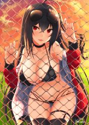 Rule 34 | 1girl, against fence, ahoge, asymmetrical breasts, azur lane, bare shoulders, bikini, black bikini, black hair, black thighhighs, blush, breasts, chain-link fence, cleavage, collarbone, cowboy shot, eyewear on head, fence, groin, hair between eyes, highres, jacket, large breasts, long hair, looking at viewer, multi-strapped bikini bottom, multi-strapped bikini top, navel, official alternate costume, one side up, open clothes, open jacket, outdoors, race queen, red eyes, red jacket, skindentation, smile, solo, stomach, sunglasses, sunset, swimsuit, taihou (azur lane), taihou (enraptured companion) (azur lane), thigh strap, thighhighs, tongue, tongue out, very long hair, yorugami rei