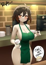Rule 34 | 1girl, absurdres, aether (genshin impact), apron, barista, black hair, blush, breasts, brown eyes, brown hair, coffee cup, cafe, collarbone, commentary, cup, curvy, disposable cup, english commentary, genderswap, genderswap (mtf), genshin impact, gradient hair, green apron, hair between eyes, highres, holding, holding cup, holding marker, iced latte with breast milk (meme), large breasts, looking at viewer, marker, meme, multicolored hair, naked apron, pov, ryle, short hair, solo focus, twitter username, zhongli (genshin impact)