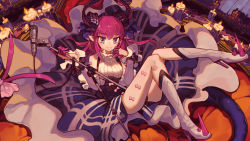 Rule 34 | 1girl, blue eyes, boots, bow, candle, candle wax, chinese commentary, collar, commentary request, detached sleeves, dress, elizabeth bathory (fate), elizabeth bathory (fate/extra ccc), elizabeth bathory (second ascension) (fate), eyes visible through hair, fate/grand order, fate (series), finger cots, finger gloves, foot up, frilled collar, frilled sleeves, frills, full body, gloves, hand on own face, hands up, high heel boots, high heels, highres, holding, holding microphone stand, hong da, horns, knee boots, knees up, long hair, long sleeves, microphone, microphone stand, pink bow, pink gloves, pink hair, pointy ears, sidelocks, smile, solo, spiked boots, tail, thighs, white footwear, white sleeves