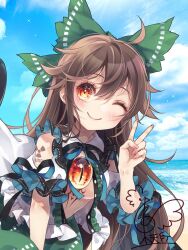 Rule 34 | 1girl, ;), ahoge, bow, breasts, brown hair, cape, chest jewel, cloud, day, frills, green bow, hair bow, hand up, highres, horizon, long hair, medium breasts, one eye closed, orange eyes, outdoors, radiation symbol, red eyes, reiuji utsuho, signature, smile, solo, sparkle, touhou, toutenkou, v, very long hair