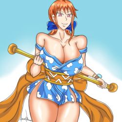 Rule 34 | 1girl, breasts, dilane93, female focus, holding, holding weapon, looking at viewer, nami (one piece), one piece, orange hair, ribbon, smile, solo, thick thighs, thighs, weapon