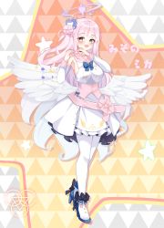 Rule 34 | 1girl, absurdres, angel wings, blue archive, blush, breasts, detached sleeves, dress, flower, hair bun, hair flower, hair ornament, halo, heart, heart hands, highres, idol, large breasts, long hair, mika (blue archive), mischievous straight uniform (blue archive), open mouth, pink hair, seiren (kkh2052), shoes, side bun, single side bun, smile, standing, star (symbol), starry background, white dress, white legwear, wings, yellow eyes