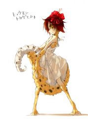 Rule 34 | 1girl, animal hands, between legs, claws, dress, flower, full body, hair flower, hair ornament, highres, leopard gecko, lizard tail, original, parted lips, profile, red flower, red hair, reptile girl, sideways mouth, simple background, slit pupils, solo, standing, sundress, tail, tail between legs, translation request, white background, white dress, yellow eyes, z-ton