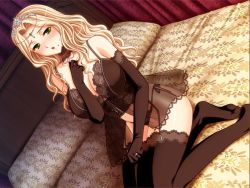 Rule 34 | 1girl, bed, blonde hair, blush, bra, breasts, bustier, catherine estol, cleavage, dutch angle, elbow gloves, game cg, garter belt, garter straps, gloves, green eyes, jpeg artifacts, kneeling, koizumi amane, lace, lace-trimmed legwear, lace trim, large breasts, lingerie, mole, mole under mouth, panties, princess, shouki letitia, side-tie panties, solo, thighhighs, tiara, underwear
