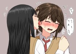 Rule 34 | 2girls, absurdres, black hair, blush, brown hair, ear licking, closed eyes, flying sweatdrops, grey background, hand in another&#039;s hair, hand on another&#039;s shoulder, highres, licking, long hair, multiple girls, necktie, open mouth, original, ryuusa, school uniform, short hair, sweater vest, tongue, tongue out, upper body, yuri