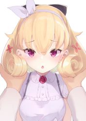 Rule 34 | 1boy, 1girl, :&lt;, azur lane, blonde hair, blouse, blush, carabiniere (azur lane), carabiniere (refreshing sundress) (azur lane), chestnut mouth, commentary, curly hair, dress, embarrassed, flower, hair between eyes, hair flower, hair ornament, hair ribbon, hairband, looking at viewer, note (suzu note000), open mouth, pov, pov hands, purple eyes, ribbon, shirt, short hair, short sleeves, sidelocks, simple background, sundress, white background, white dress, white ribbon