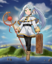 Rule 34 | 1girl, absurdres, belt, black belt, black pantyhose, boots, brown footwear, capelet, commentary request, dangle earrings, dress, earrings, flying, frieren, green eyes, highres, holding, holding staff, holding suitcase, jewelry, long hair, looking at viewer, mountain, outdoors, pantyhose, parted bangs, partial commentary, pointy ears, shirt, solo, sousou no frieren, staff, striped clothes, striped shirt, suitcase, timtim (tim99292), twintails, white capelet, white dress, white hair