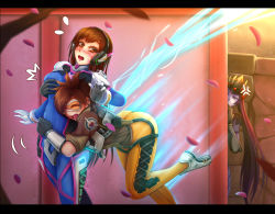 Rule 34 | 3girls, anger vein, ass, bad id, bad pixiv id, black hair, blush, bodysuit, breasts, brown eyes, brown hair, colored skin, d.va (overwatch), facial mark, fang, gloves, goggles, gun, head-mounted display, headphones, heart, heart in mouth, highres, hug, hug from behind, jacket, jealous, letterboxed, lips, long hair, multiple girls, oldlim, overwatch, overwatch 1, peeking out, ponytail, purple hair, purple skin, short hair, smile, spiked hair, thighs, tracer (overwatch), very long hair, weapon, whisker markings, white gloves, widowmaker (overwatch), yellow eyes, yuri