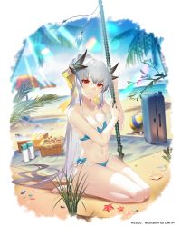 Rule 34 | 1girl, artist name, ball, bare shoulders, barefoot, basket, beach, beach towel, beach umbrella, bikini, black horns, blue bikini, border, bow, breasts, cleavage, collarbone, dated, dmith, dragon girl, dragon horns, fate/grand order, fate (series), hair bow, holding, holding polearm, holding spear, holding weapon, horns, kiyohime (fate), kiyohime (fate/grand order), kiyohime (swimsuit lancer) (fate), kiyohime (swimsuit lancer) (third ascension) (fate), lens flare, long hair, looking at viewer, medium breasts, multiple horns, ocean, palm tree, polearm, red eyes, silver hair, sitting, smile, solo, spear, starfish, suitcase, swimsuit, towel, tree, umbrella, very long hair, volleyball, volleyball (object), weapon, white border, yellow bow